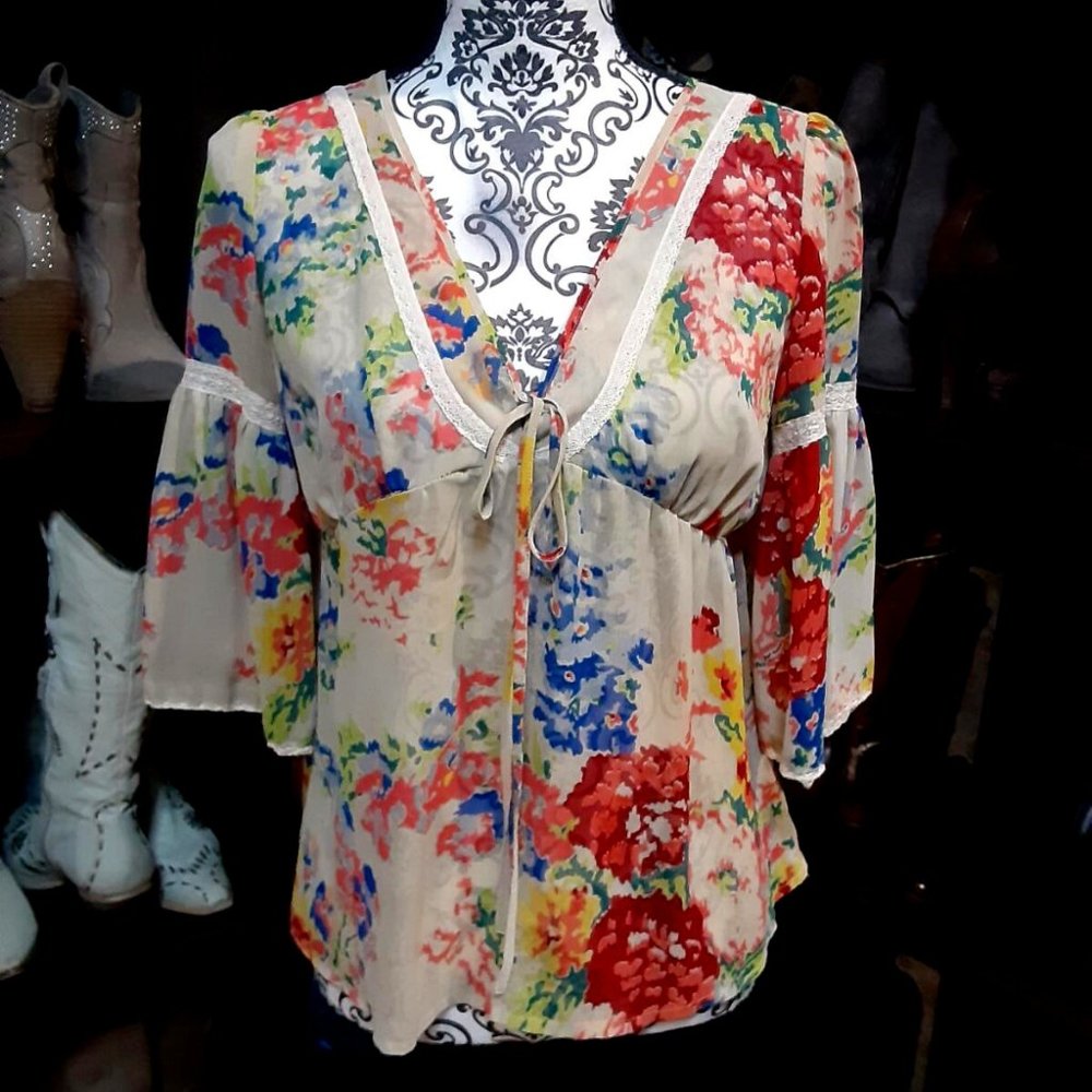 Almost Famous sheer flower bell sleeve peasant top